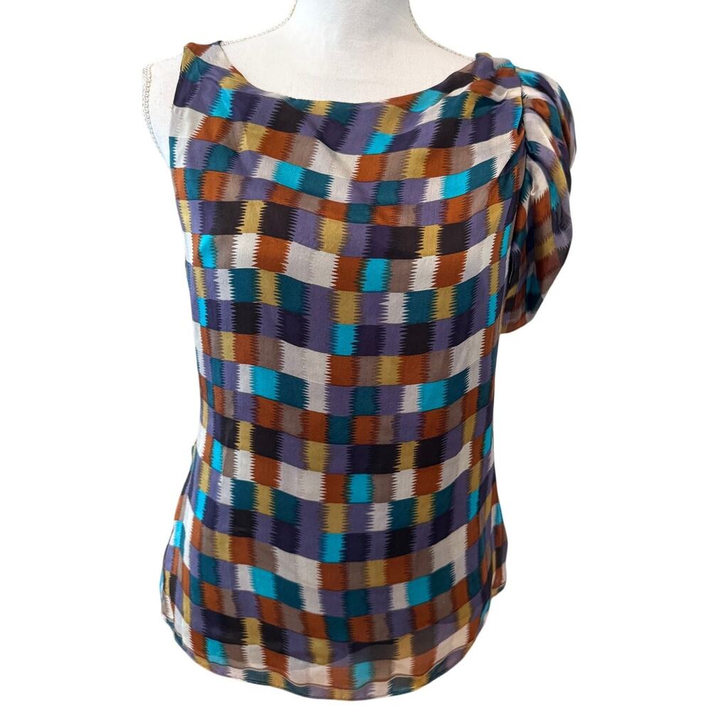 Aryn K. Avant Garde Silk Top Earth Tone Check Print S